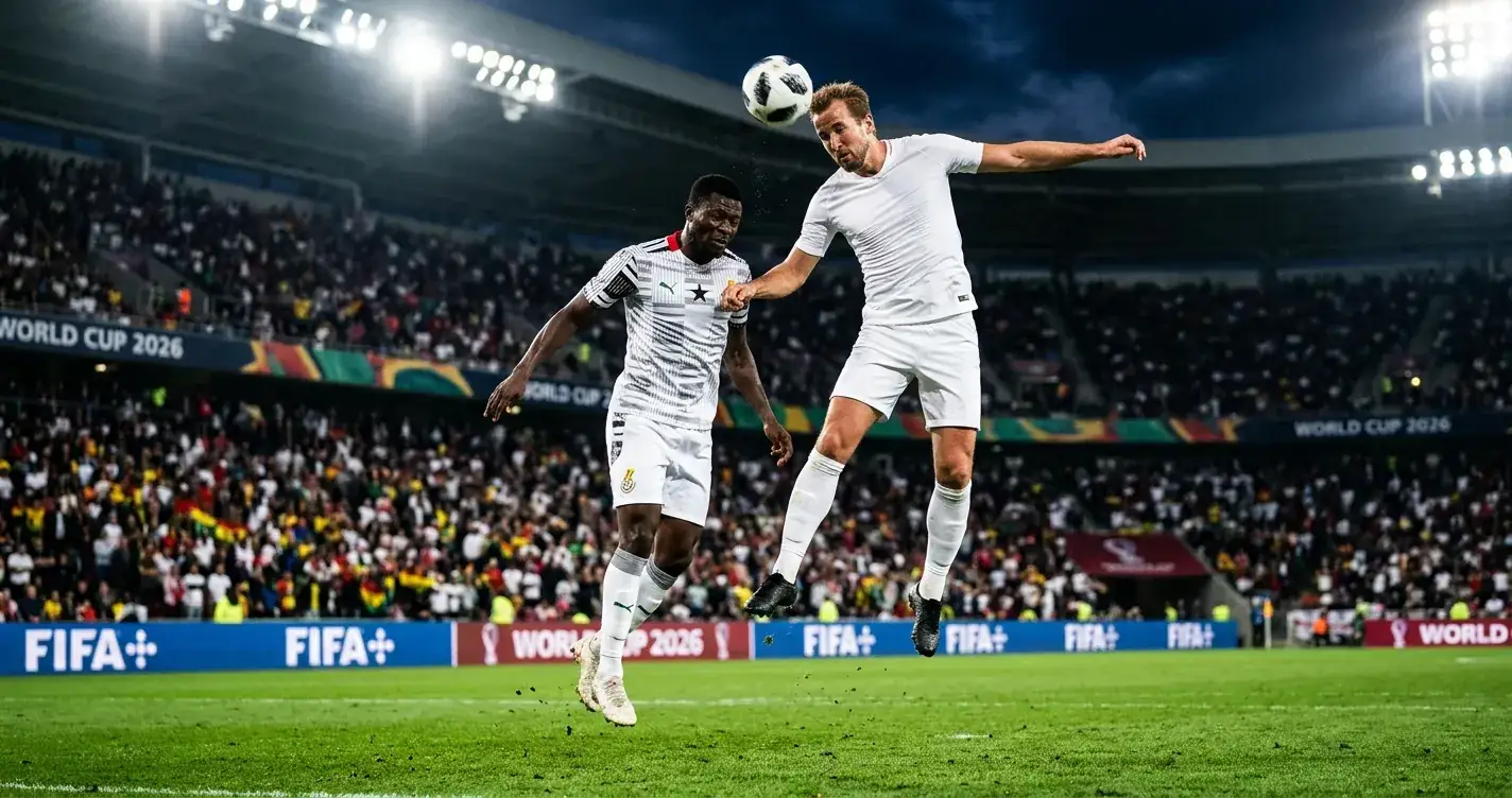 Two anonymous footballers contest a header under floodlights in an England v Ghana clash