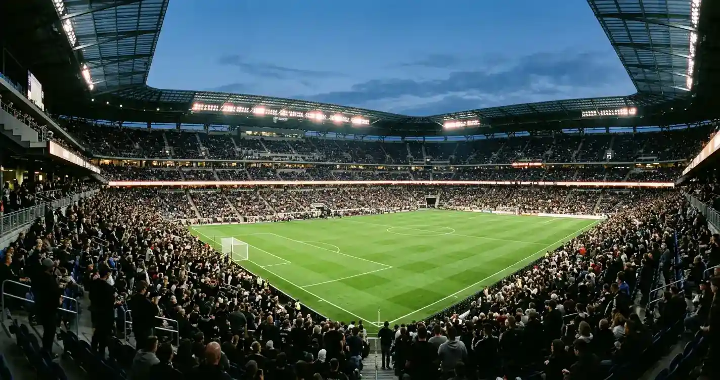 A floodlit World Cup stadium at night ahead of an England group-stage fixture