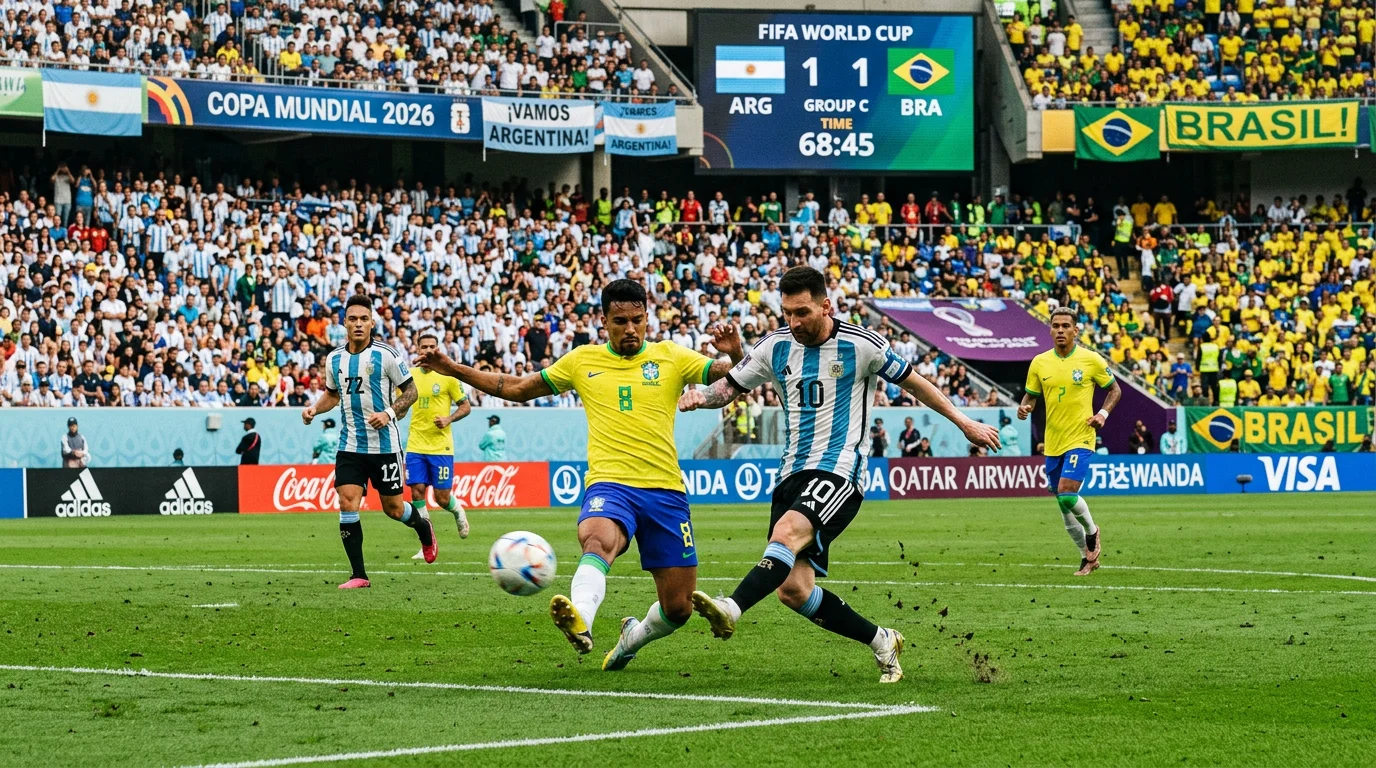 International football teams competing in a World Cup group stage match with national flags displayed by supporters