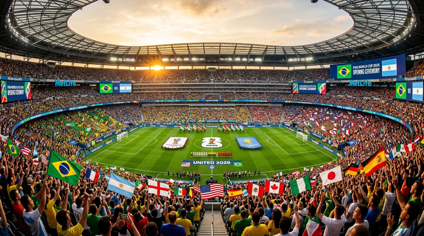 World Cup 2026 football tournament at a packed stadium in North America with international supporters and flags
