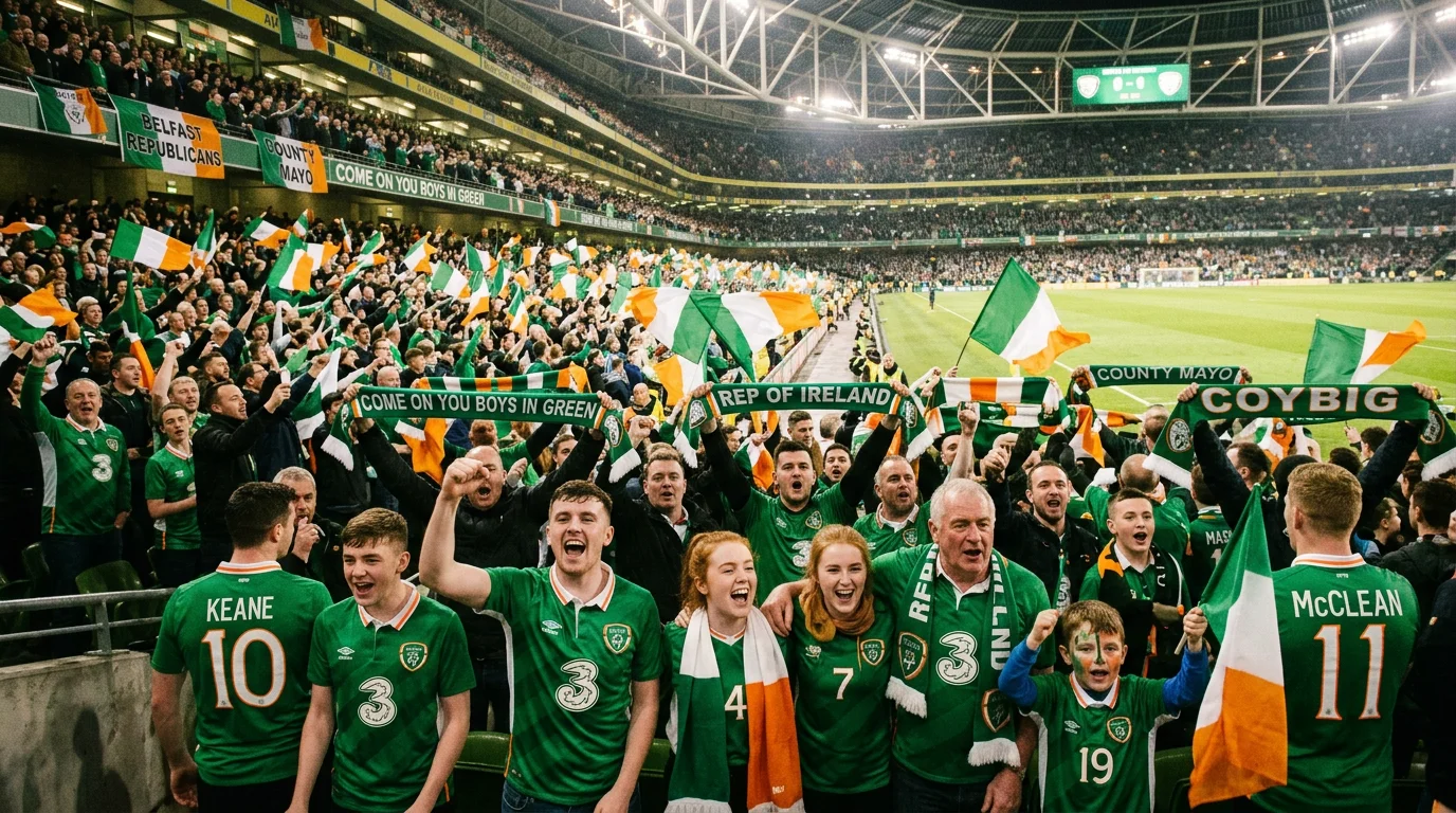 Irish football supporters in green jerseys at a stadium watching a qualifying match with national flags