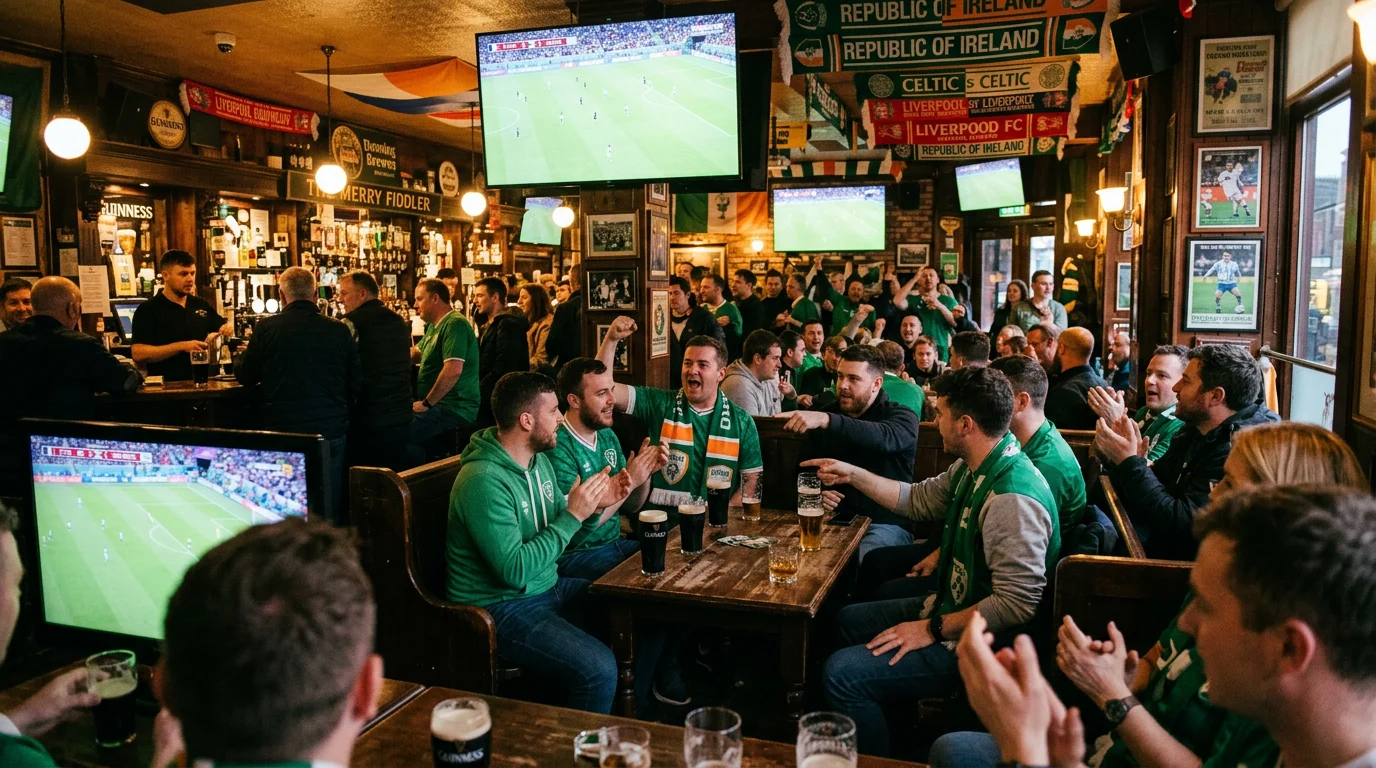Irish pub with patrons watching a World Cup football match on screens with football memorabilia on walls
