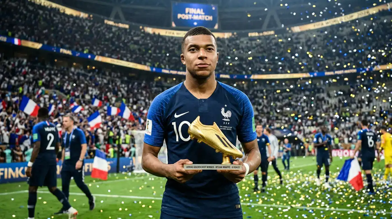 Kylian Mbappé drži Zlatnu kopačku FIFA-e nakon završetka Svjetskog prvenstva 2026, ali bez medalje oko vrata