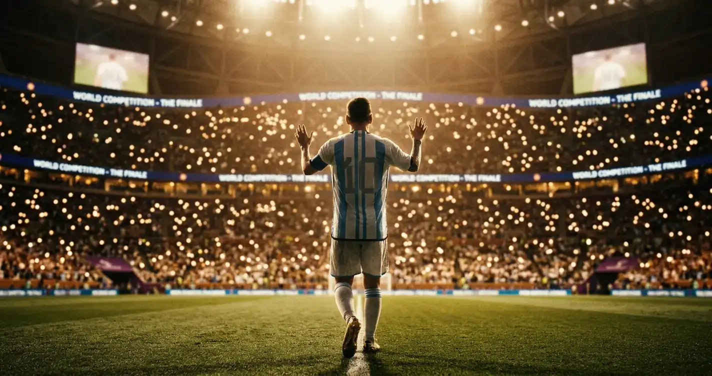 A silhouetted number 10 stands on a brightly lit stadium pitch before a vast crowd