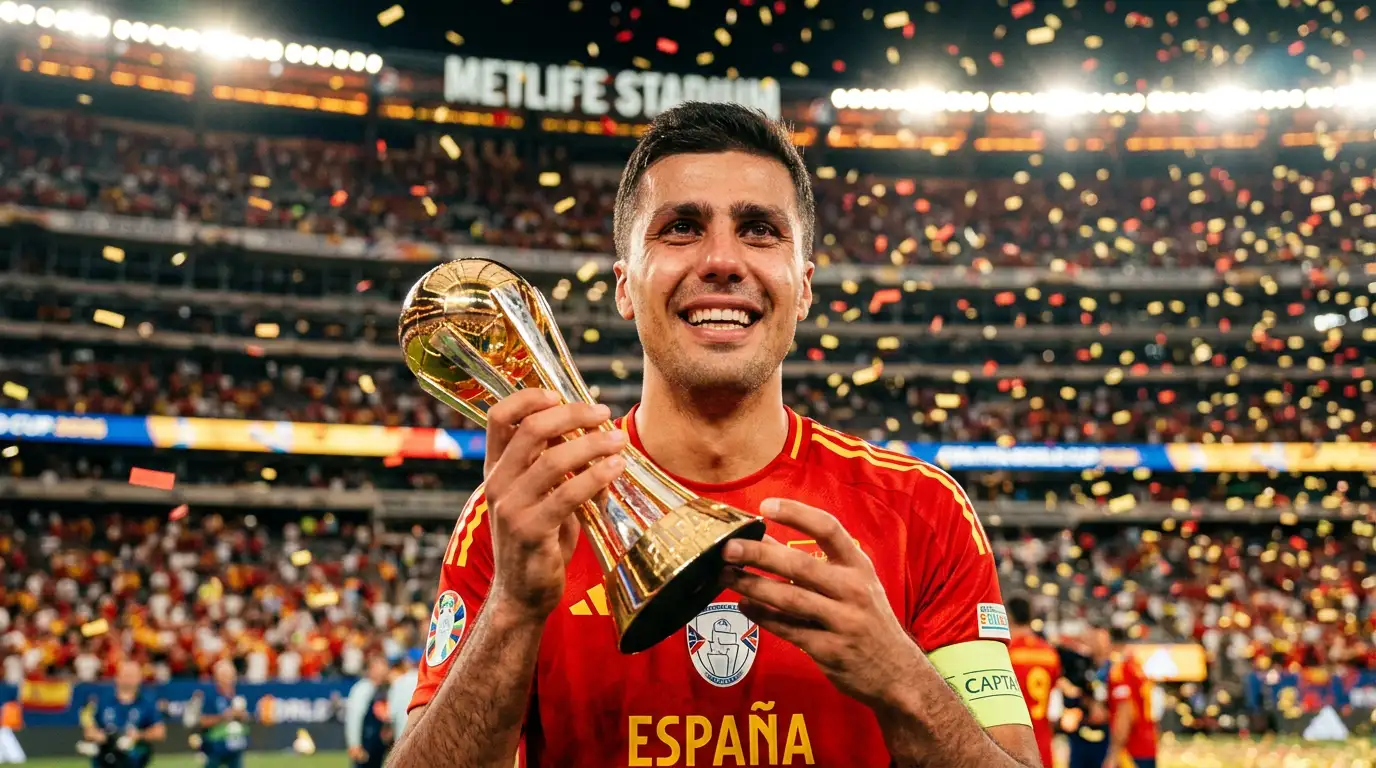 Rodri sa Zlatnom loptom Svjetskog prvenstva 2026. u rukama, slavi s kapitenskom trakom na ruci