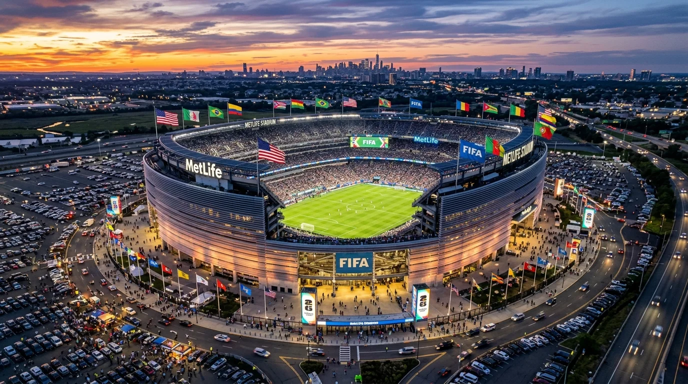 MetLife Stadium in New Jersey prepared for World Cup 2026 final with football pitch and capacity seating