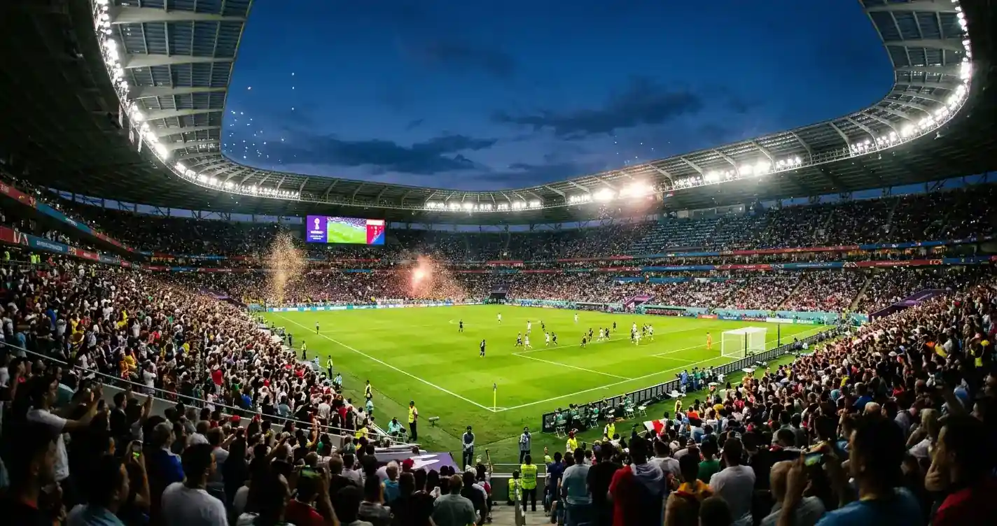 A floodlit World Cup stadium at dusk on a dramatic Sunday matchday