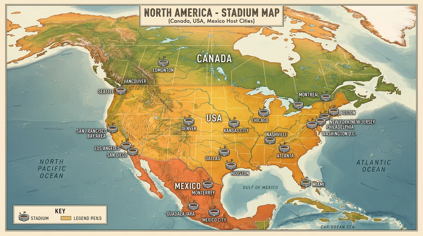 Map of all 16 World Cup 2026 stadiums across the United States, Mexico and Canada