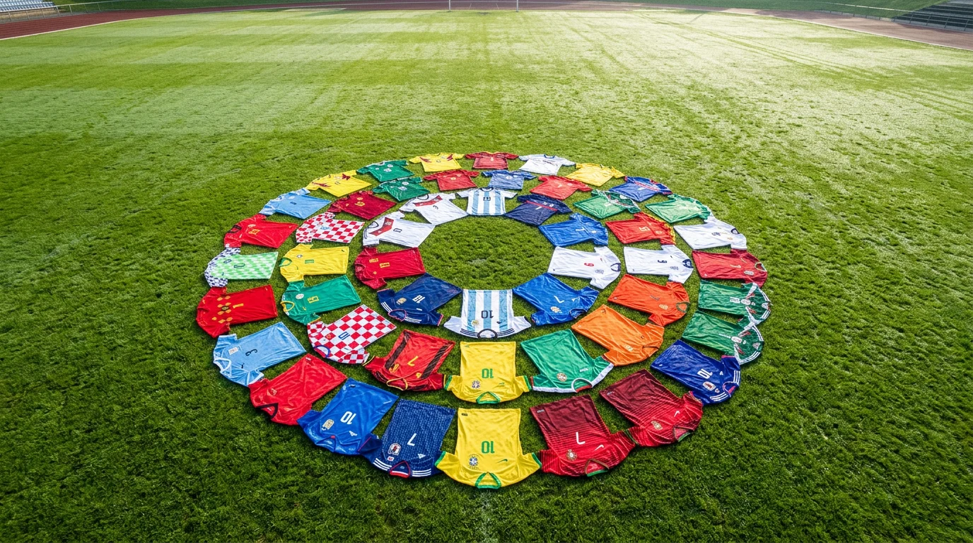 Mosaic of national team crests representing all 48 qualified nations for the FIFA World Cup 2026 tournament arranged by confederation