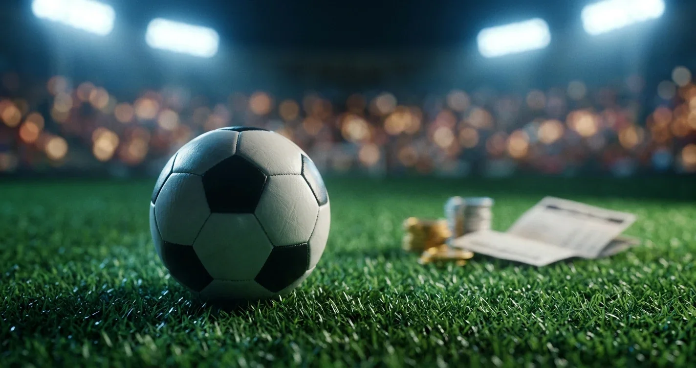 A football on a floodlit pitch at night with betting-themed bokeh behind