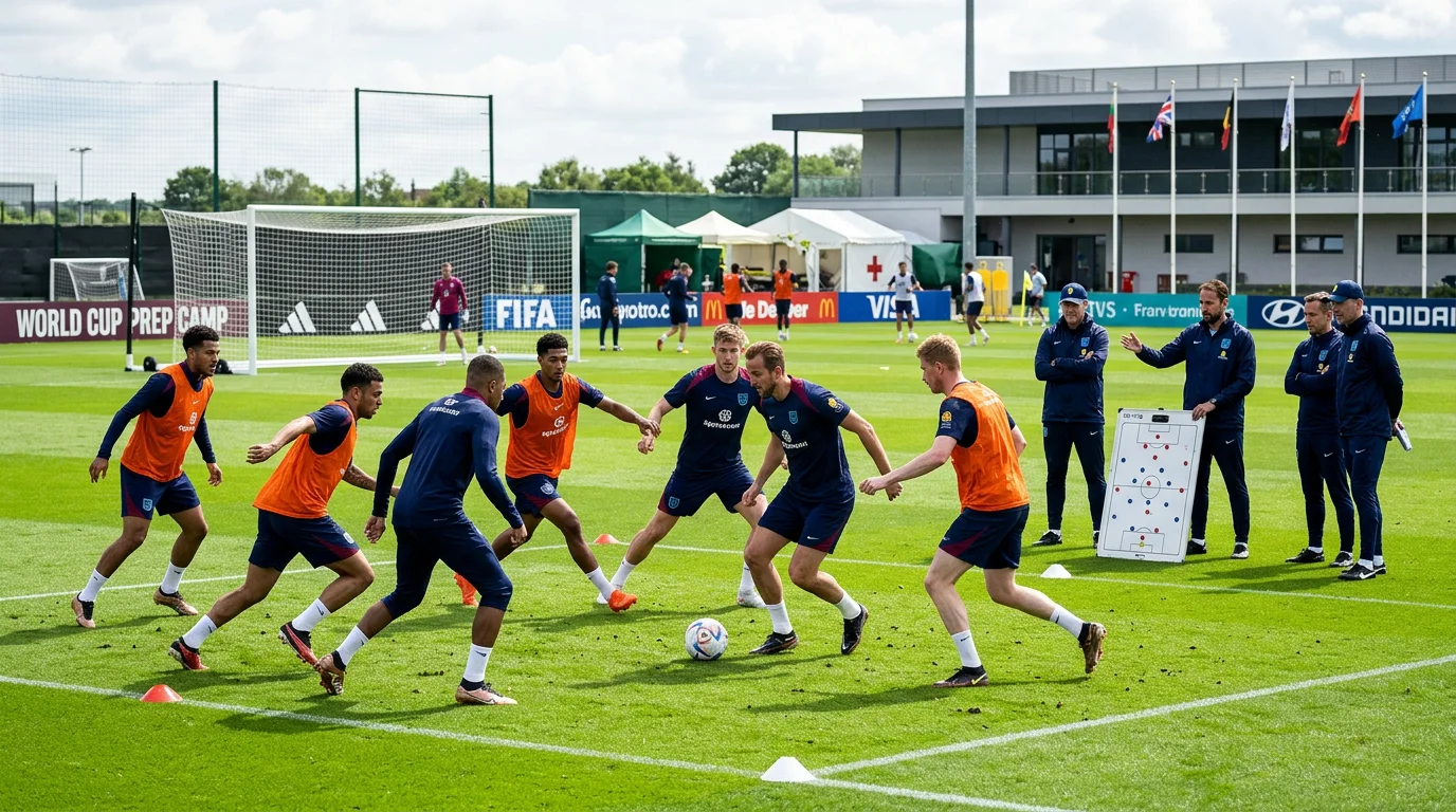 Elite international footballers training on a pitch before a major tournament with coaching staff observing